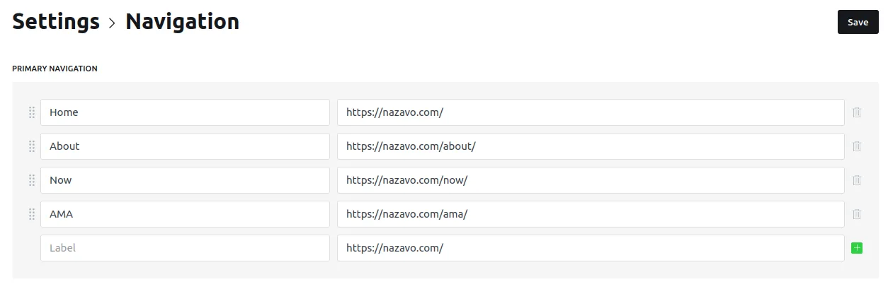 Screenshot of the primary navigation in Ghost Admin for nazavo.com