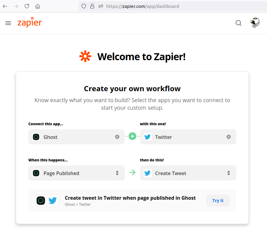 Naz Avó's Zapier dashboard showing workflow configuration connecting Ghost's  "Page Published" trigger with Twitter's "Create Tweet" action 