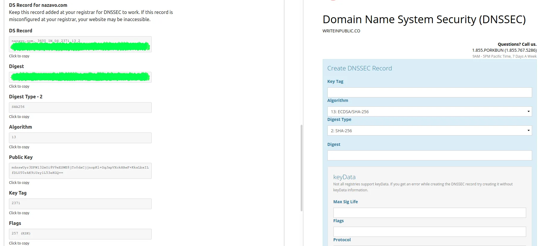 screenshot of CloudFlare's and Porkbun's DNSSEC configuration/creation pages