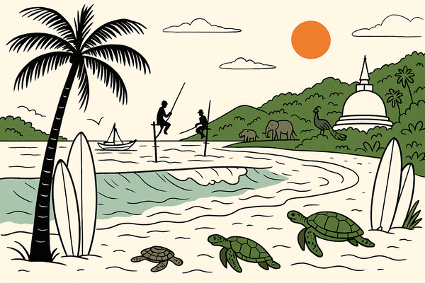 Illustration of South Sri Lanka featuring with a hint of local culture: stilt fishermen, Buddhist white stupas, traditional Sri Lankan oruwa boats, and elephants in the distance